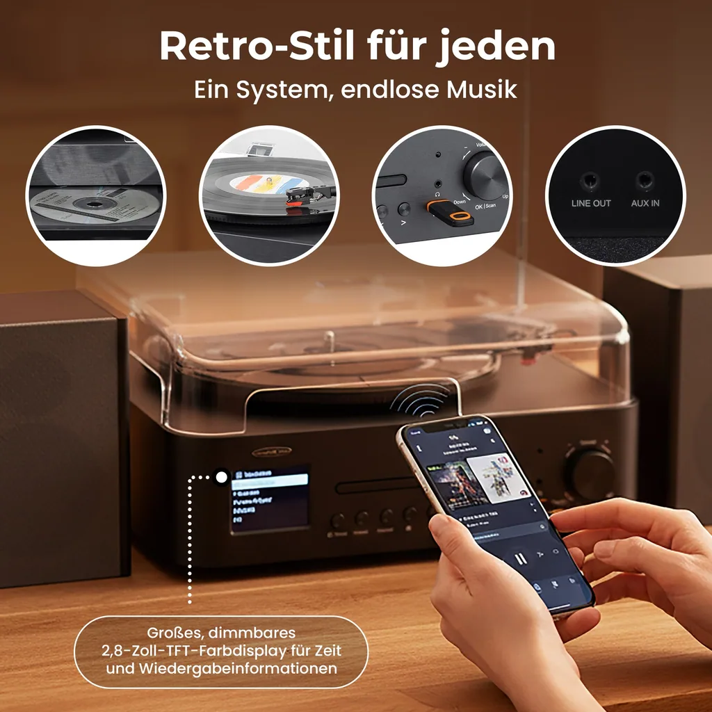 Stereo Komplettsystem mit Internet, DAB/UKW, CD/MP3, Bluetooth & Plattenspieler