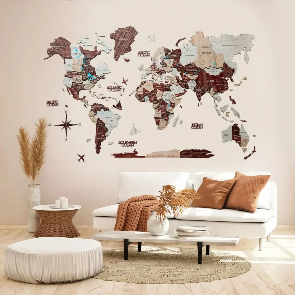 Weltkarte Holz, Landkarte Welt, Weltkarte Wanddeko 3D - Enjoy The Wood, Cappuccino Prime, Weltkarte Größe: XL
