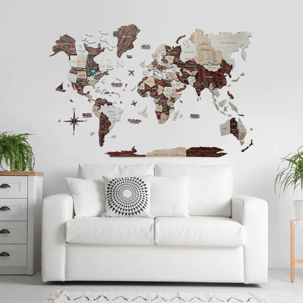 Weltkarte Holz, Landkarte Welt, Weltkarte Wanddeko 3D - Enjoy The Wood, Cappuccino Prime, Weltkarte Größe: XL