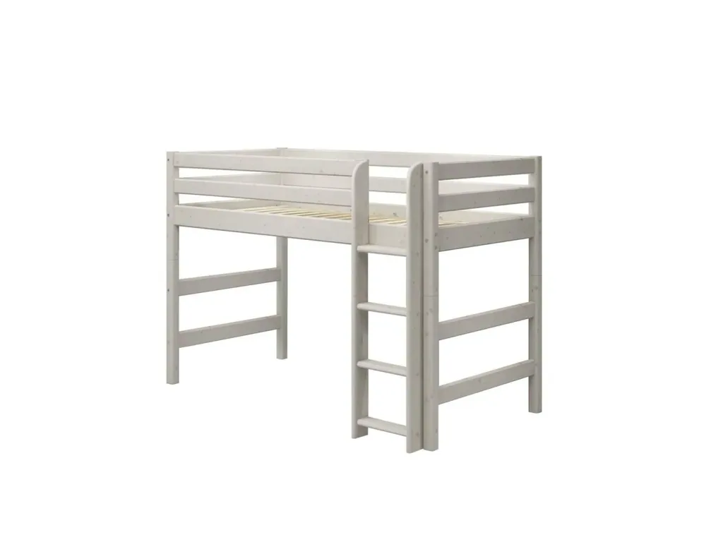 FLEXA Etagenbett, Hochbett, Mittelhohes Bett mit gerader Leiter - Massivholz Kiefer, 90x200 cm, Platzsparende Lösung, Farbe: Weiß gewaschene Kiefer