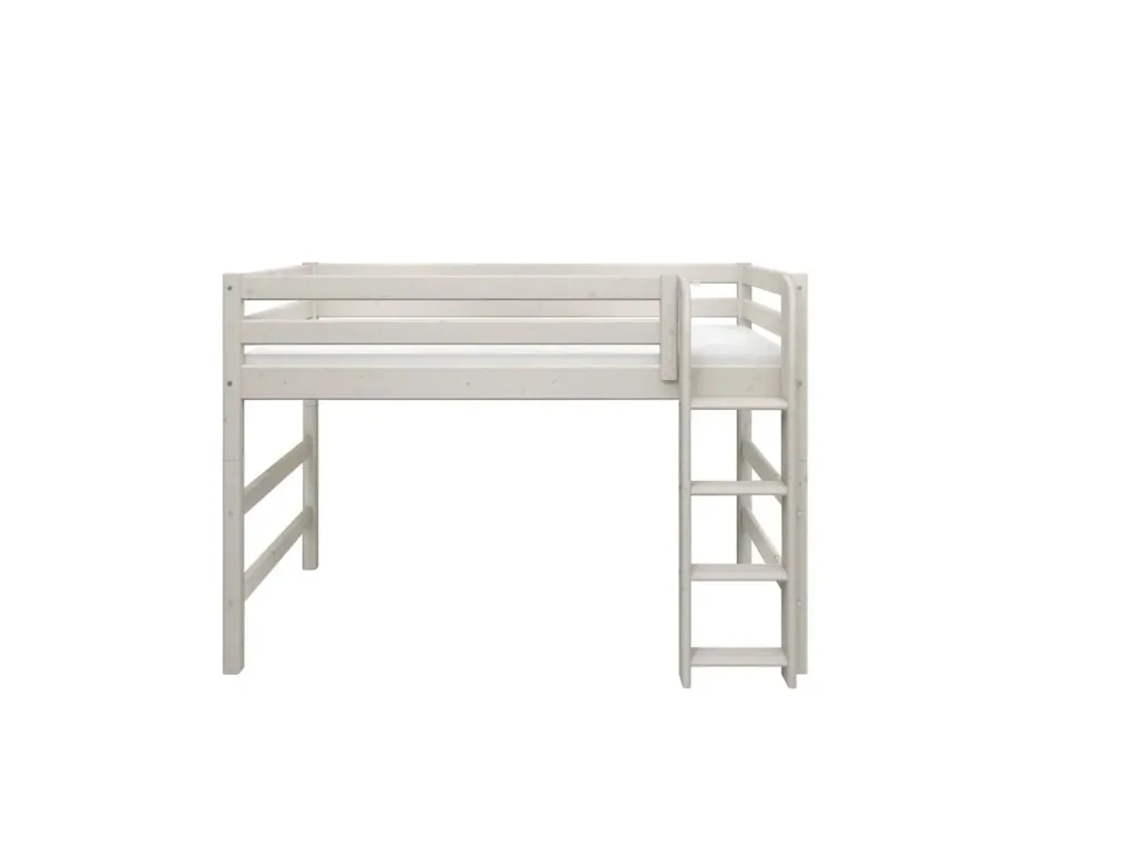 FLEXA Etagenbett, Hochbett, Mittelhohes Bett mit gerader Leiter - Massivholz Kiefer, 90x200 cm, Platzsparende Lösung, Farbe: Weiß gewaschene Kiefer