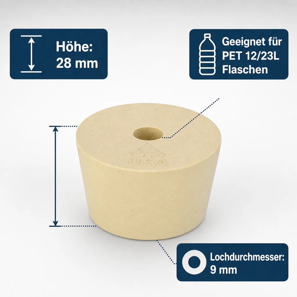 Gummistopfen für Gärungsflasche, PET 12/23L, mit Loch 9 mm