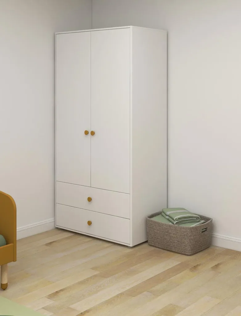 Flexa Kleiderschrank - Roomie, 2 Türen + 2 Schubladen, Farbe: Weiß/Senf