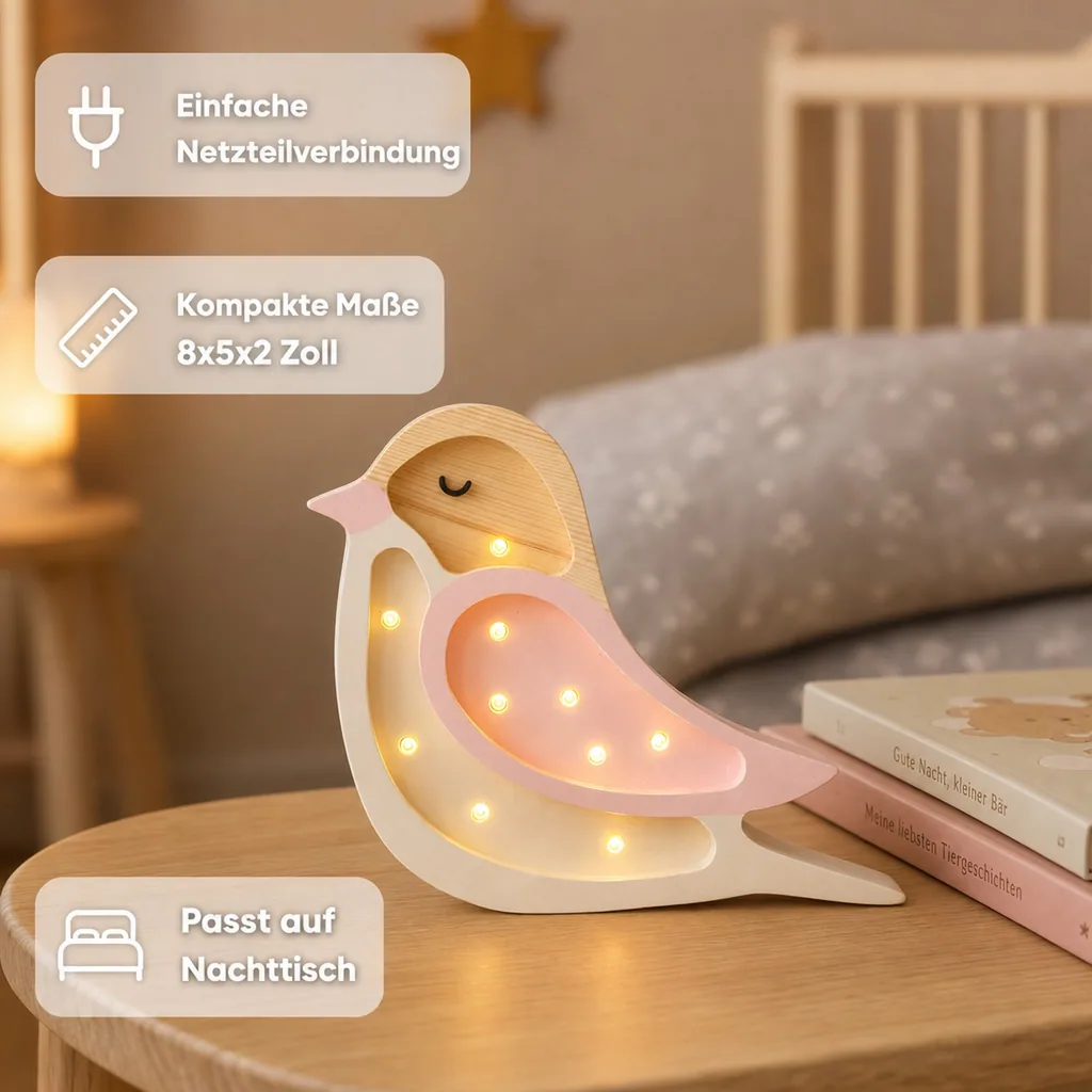 Little Lights Nachtlicht Kinder, Nachtlampe Mini-Vogel - 100% Kiefernholz natur, Farbe: Erdbeercreme