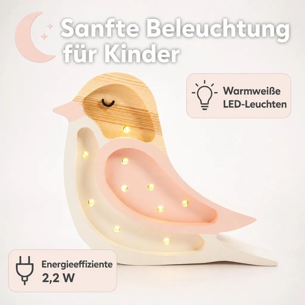 Little Lights Nachtlicht Kinder, Nachtlampe Mini-Vogel - 100% Kiefernholz natur, Farbe: Erdbeercreme