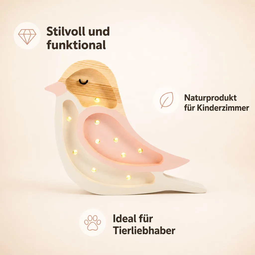 Little Lights Nachtlicht Kinder, Nachtlampe Mini-Vogel - 100% Kiefernholz natur, Farbe: Erdbeercreme