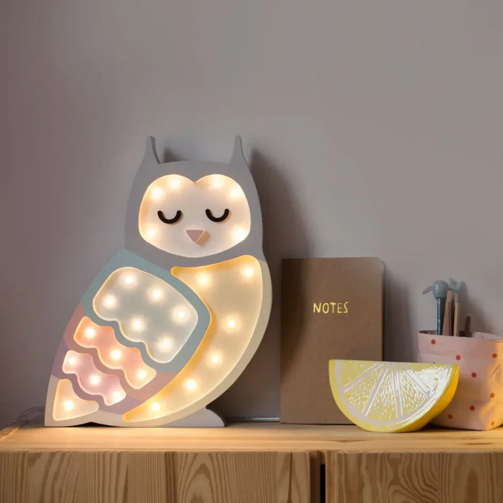 Little Lights Nachtlicht Kinder, Nachtlampe Eule - 100% Kiefernholz natur, Farbe: Pastell-Regenbogen