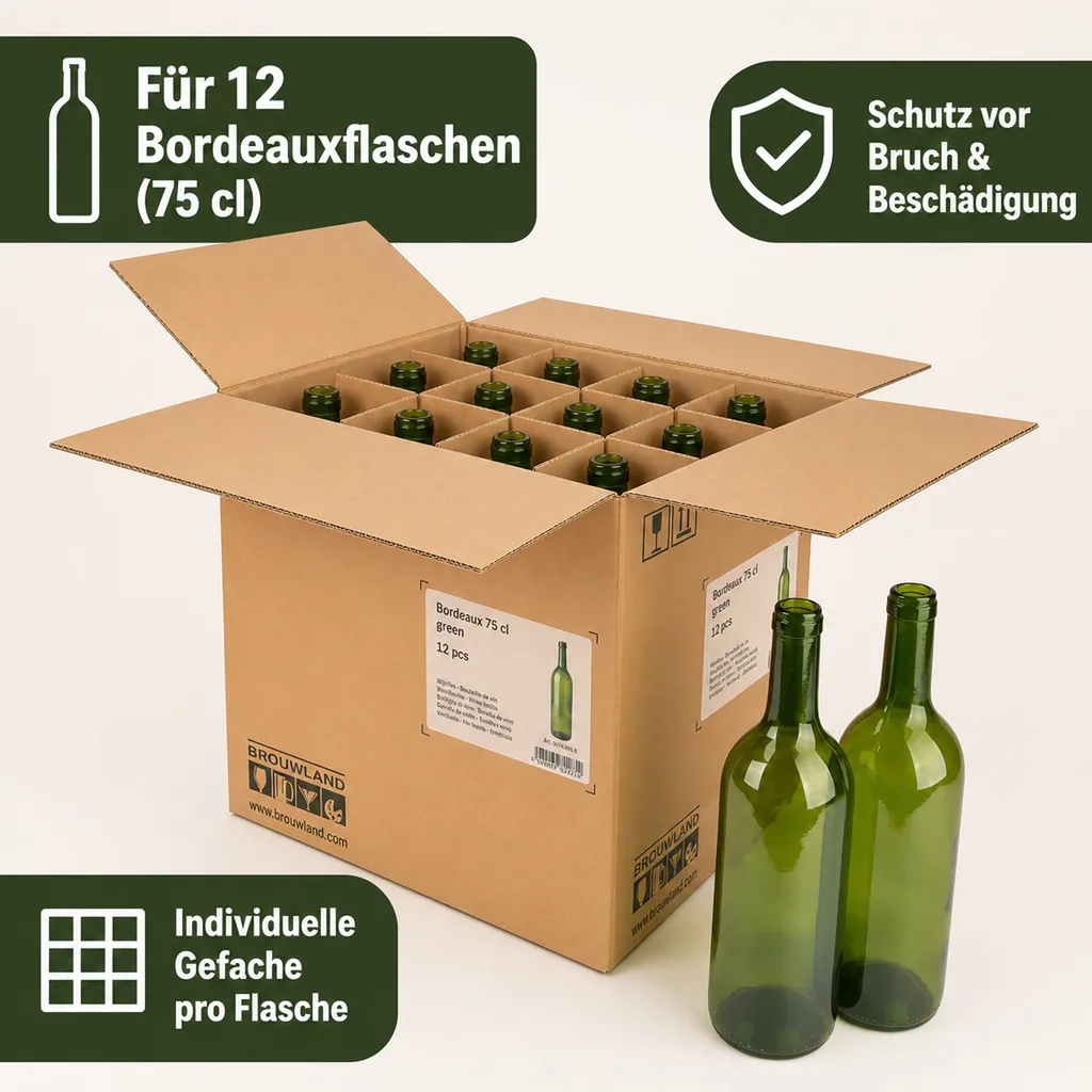 12er Weinflaschen-Karton (Bordeaux 75 cl) - Stabile Flaschenaufbewahrung, Farbe: grün