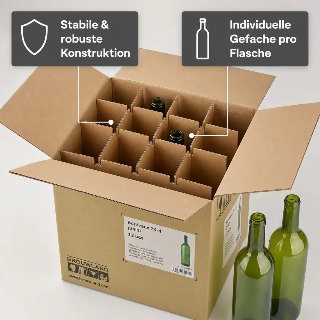 12er Weinflaschen-Karton (Bordeaux 75 cl) - Stabile & umweltfreundliche Flaschenaufbewahrung, Farbe: grün