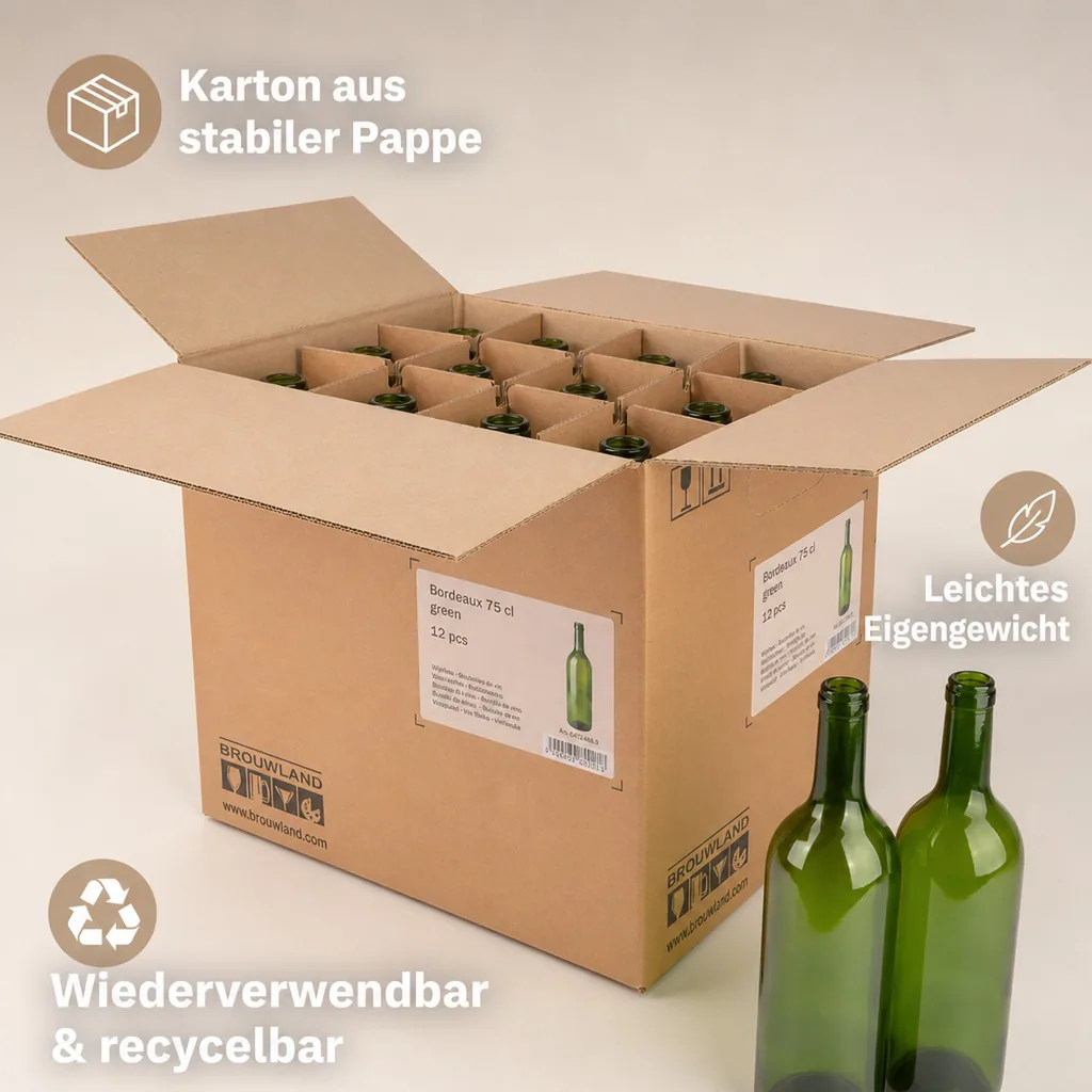 12er Weinflaschen-Karton (Bordeaux 75 cl) - Stabile Flaschenaufbewahrung, Farbe: grün