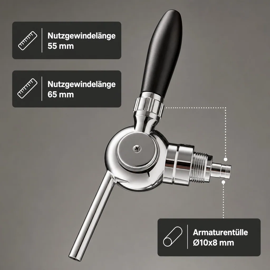 Bierzapfhahn, Kompensatorhahn - Cosmo, verchromter Kompensator mit Stahlanschluss 5/8" - 1/2", Gewindelänge: 35 mm