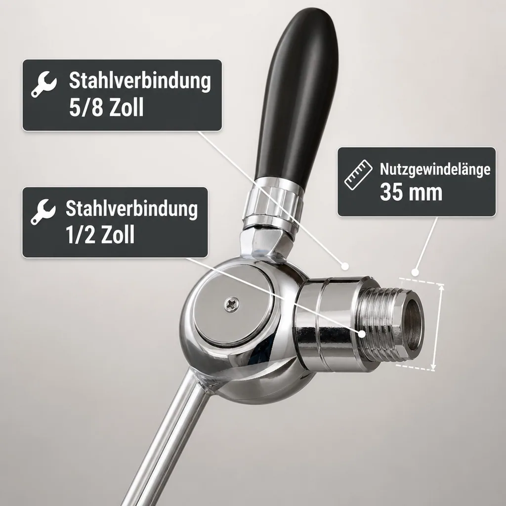 Bierzapfhahn, Kompensatorhahn - Cosmo, verchromter Kompensator mit Stahlanschluss 5/8" - 1/2", Gewindelänge: 35 mm