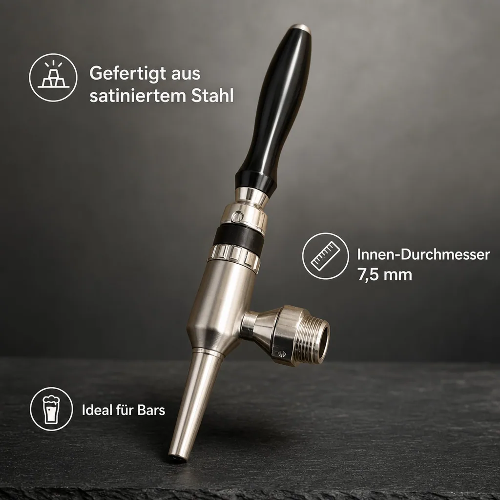 Bierzapfhahn, Kompensatorhahn Nordic - aus satiniertem stahl ohne kompensatorschaft 5/8" + starke düse, Gewindelänge: 65 mm