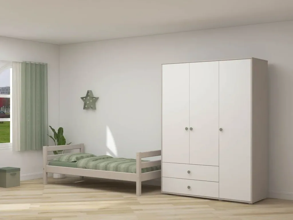 Flexa Kleiderschrank - Classic, 150x202,5 cm, Farbe: Grau gekalkt / Weiß / Naturgrün