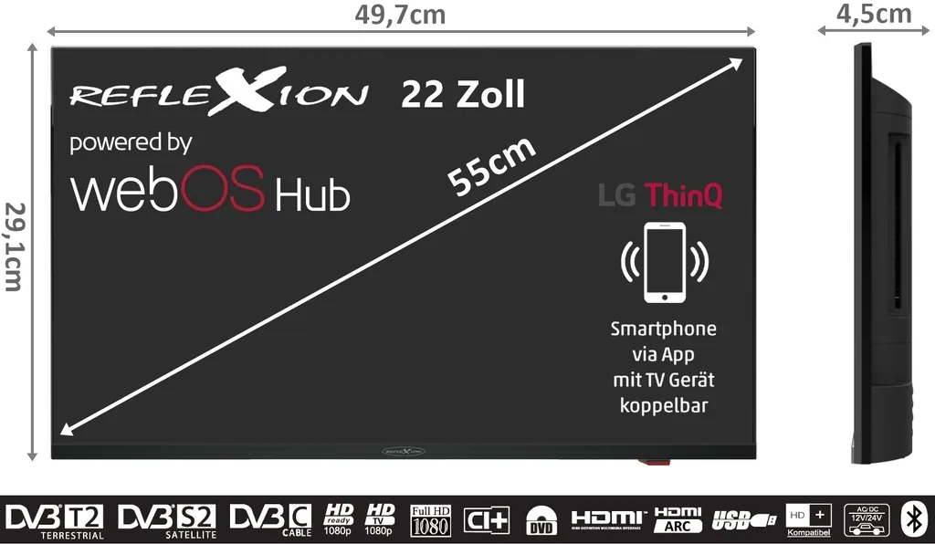 22" Smart LED-TV mit DVD-Player, WLAN, Bluetooth, 3x HDMI und Triple-Tuner (DVB-S2/C/T2 HD)