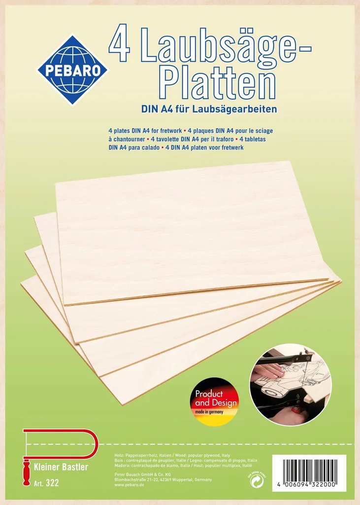 4 Laubsägeplatten DIN A4 aus Pappelsperrholz, 3 mm stark, unbedruckt