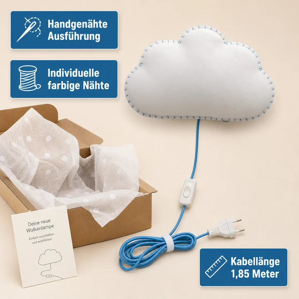 Buokids Softlampe Nachtlicht/Wandlampe Wolke, Ausführung: Schnur & Stecker; Farbe der Naht: blau