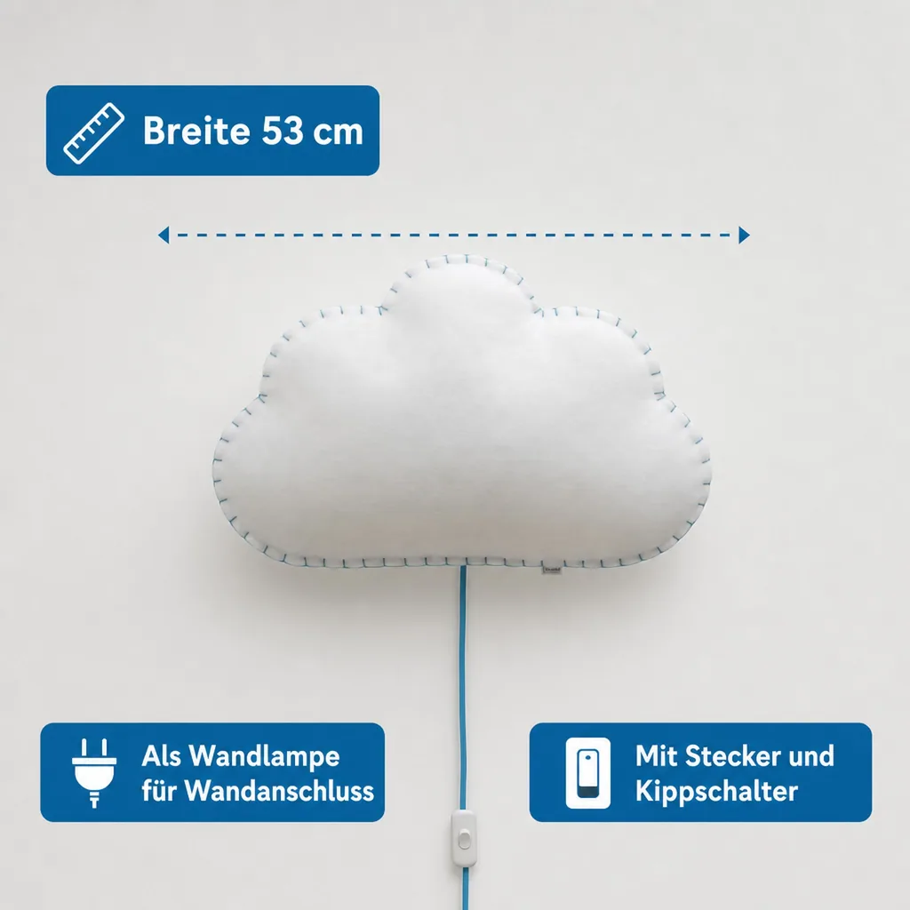 Buokids Softlampe Nachtlicht/Wandlampe Wolke, Ausführung: Schnur & Stecker; Farbe der Naht: blau