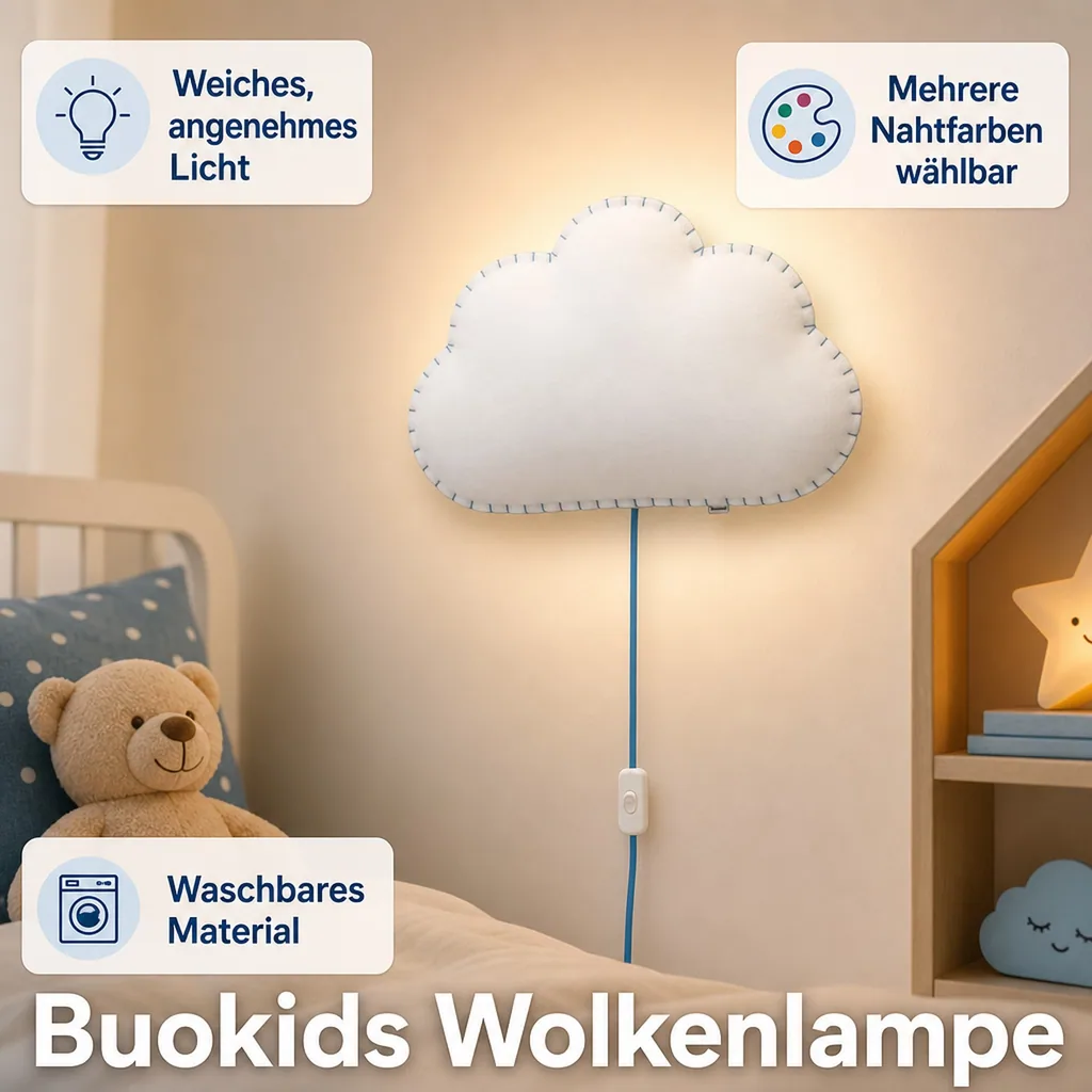 Buokids Softlampe Nachtlicht/Wandlampe Wolke, Ausführung: Schnur & Stecker; Farbe der Naht: blau
