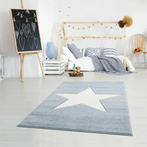 Livone Kinderteppich Stern weiss auf blau, Teppichgrösse: 160 x 230 cm
