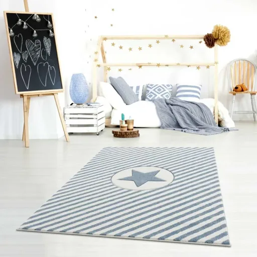 Livone Teppich Stern & Diagonal Streifen blau, Teppichgrösse: 120 x 180 cm