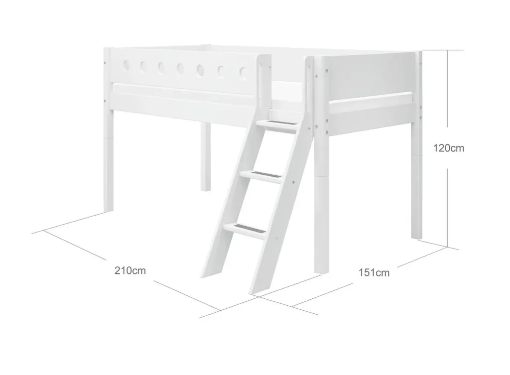 FLEXA Halbhohes Hochbett, Kinderbett mit Schrägleiter - MDF und Kiefer, 90x200 cm, Absturzsicherung, Farbe: weiss