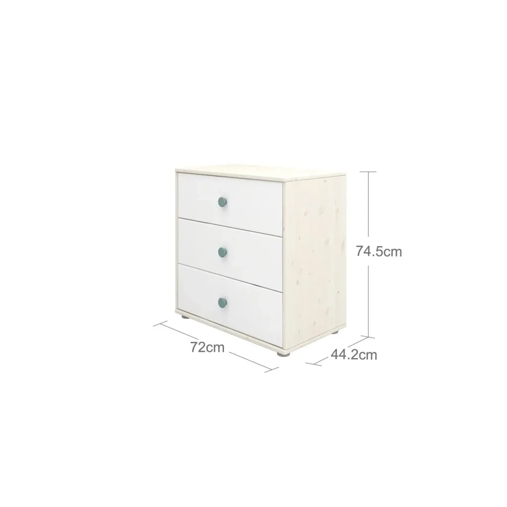 Flexa Kommode - Classic, mit 3 Schublade, 72x74,5 cm, Farbe: Weiß gekalkt / Weiß / Türkis