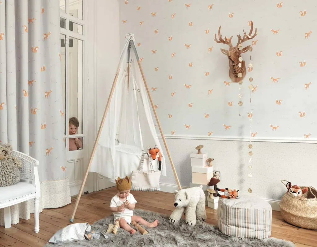 Casadeco My Little World Stoff Füchse braun auf hellblau