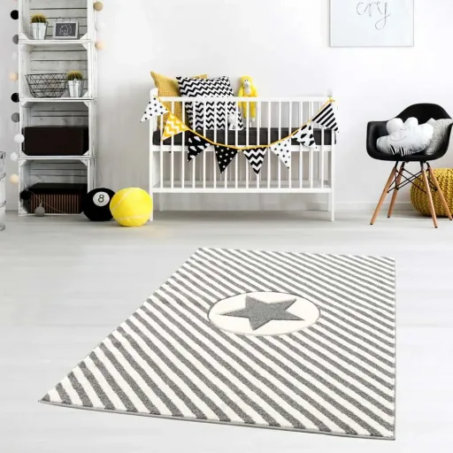 Livone Teppich Stern & Diagonal Streifen grau, Teppichgrösse: 160 x 230 cm