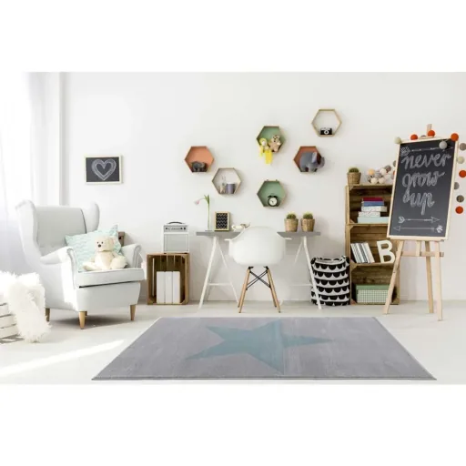 Livone Kinderteppich Stern blau auf grau, Teppichgrösse: 160 x 230 cm