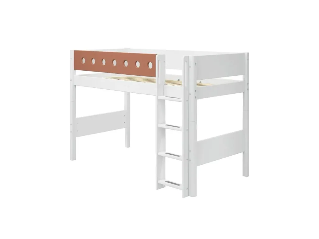 FLEXA Hochbett, Mittelhohes Bett - Mitwachsendes, Kinderbett mit Stauraum, 90x200 cm, Farbe: Weiß/Errröten
