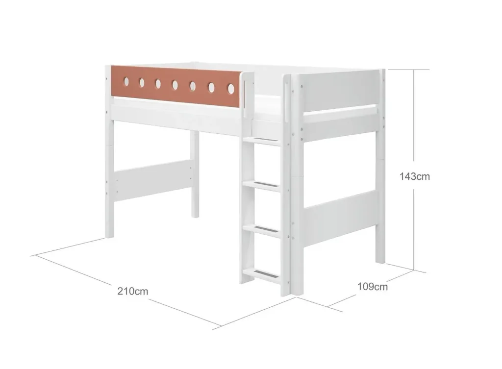 FLEXA Hochbett, Mittelhohes Bett - Mitwachsendes, Kinderbett mit Stauraum, 90x200 cm, Farbe: Weiß/Errröten