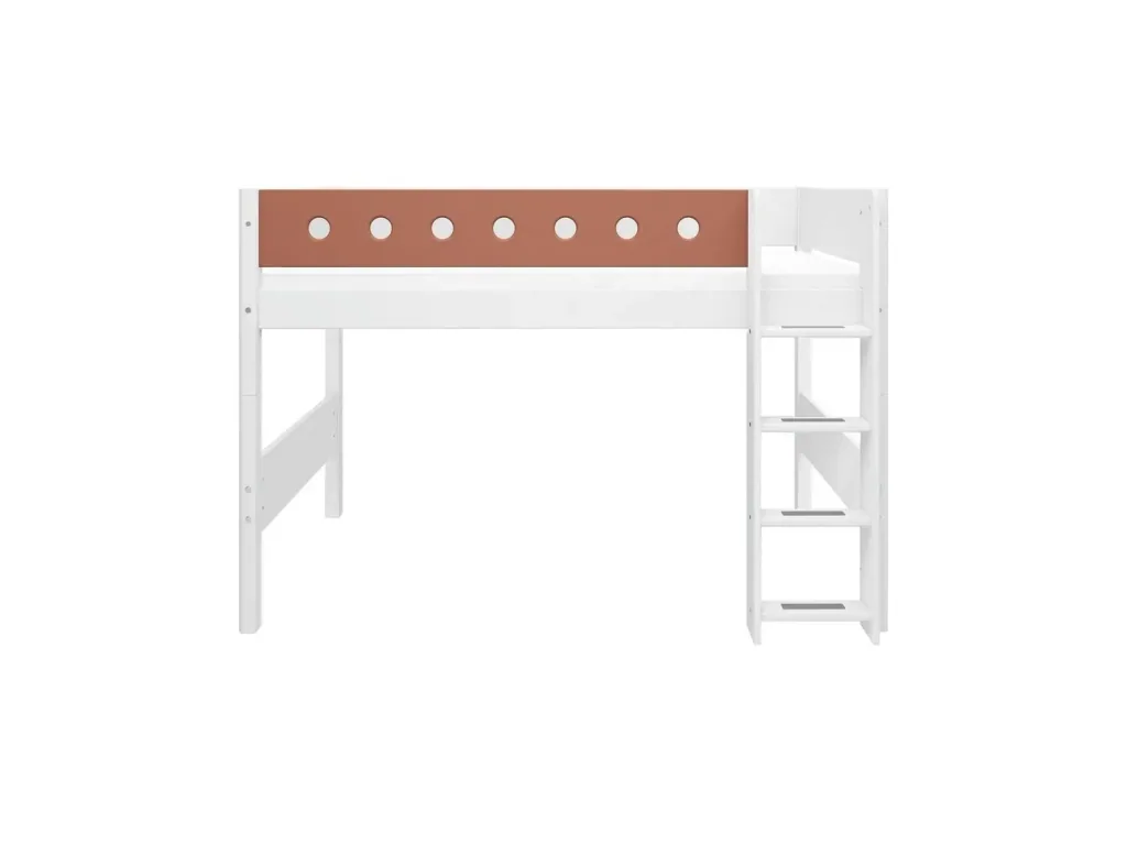 FLEXA Hochbett, Mittelhohes Bett - Mitwachsendes, Kinderbett mit Stauraum, 90x200 cm, Farbe: Weiß/Errröten