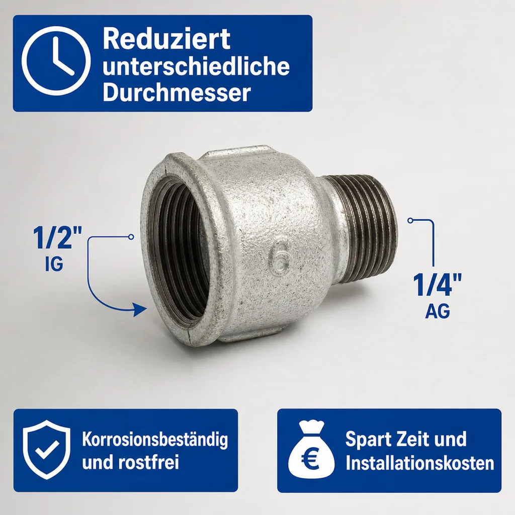 Reduziermuffe Temperguss, Gewindefitting 1/2" IG x 1/4" AG