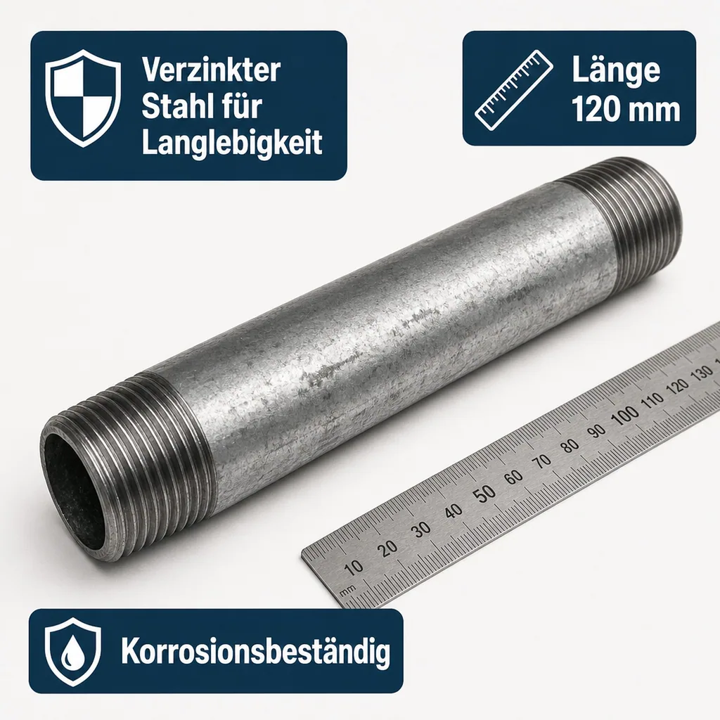 Rohrnippel verzinkt, Gewindefitting Stahl, 1 1/2 Zoll AG x AG, 120mm