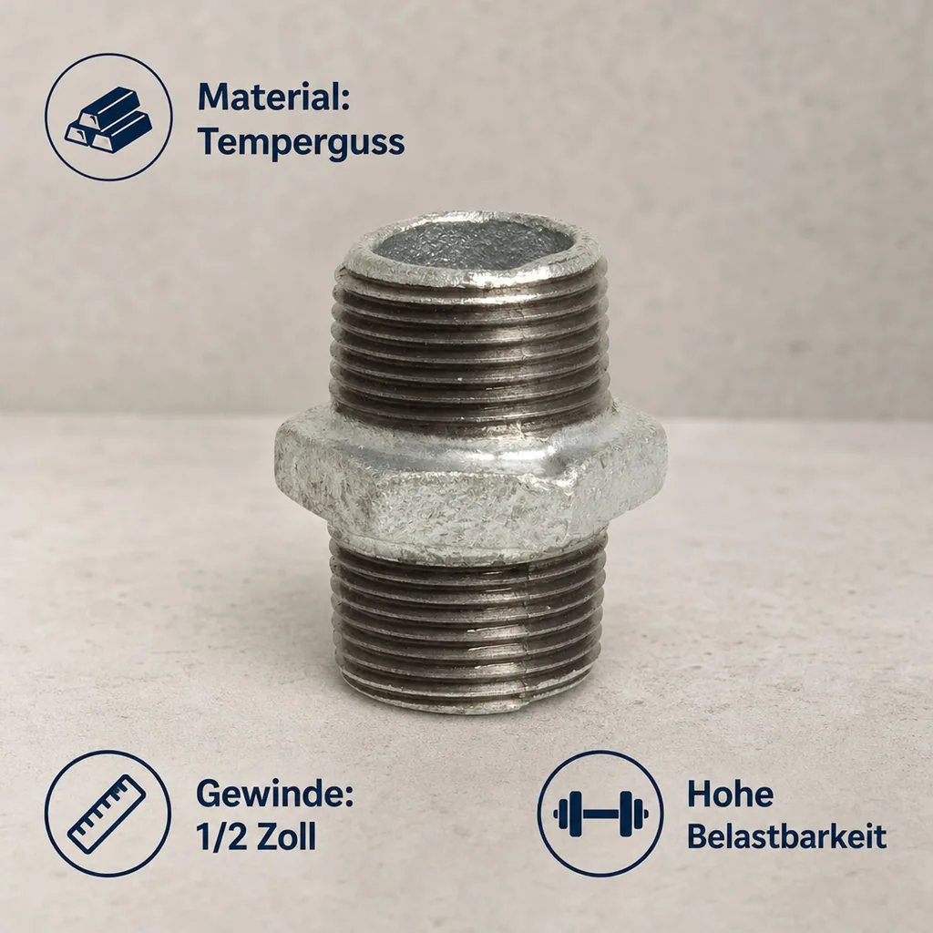Gewindefitting, Temperguss Doppelnippel 1/2 Zoll, verzinkt