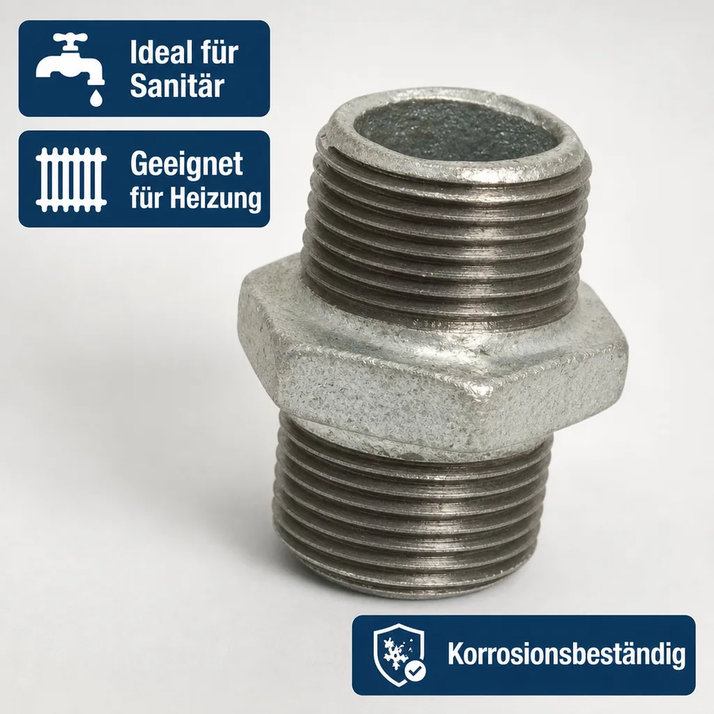 Gewindefitting, Temperguss Doppelnippel 1/2 Zoll, verzinkt