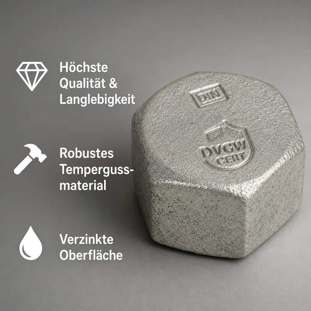 Gewindefitting, Temperguss Kappe, Hexagon 1/2" IG