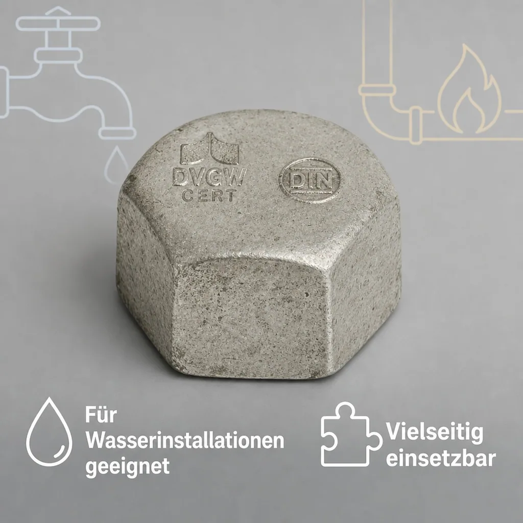 Gewindefitting, Temperguss Kappe, Hexagon 1/2" IG