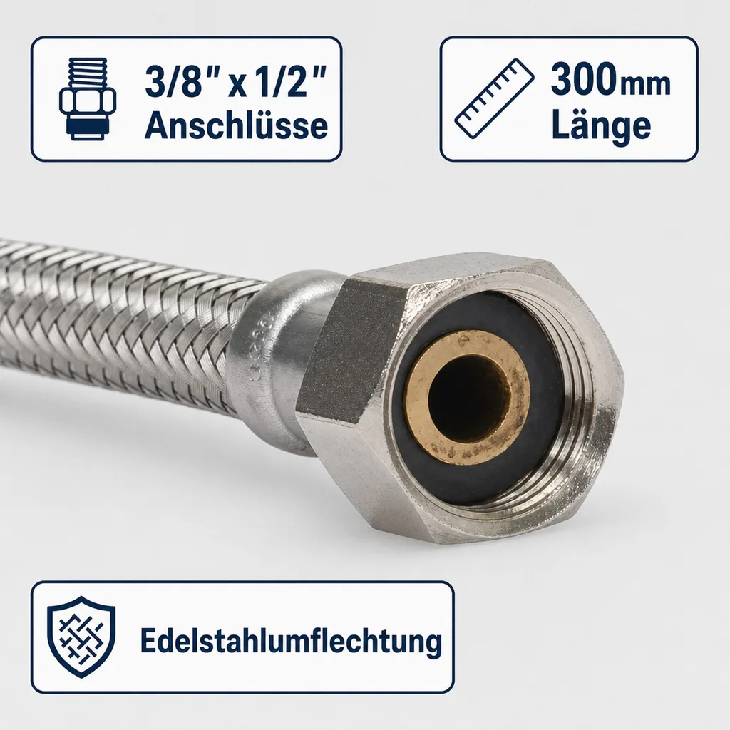 Panzerschlauch, Edelstahl, Flexschlauch, 3/8" x 1/2", 300mm, DN8, DVGW