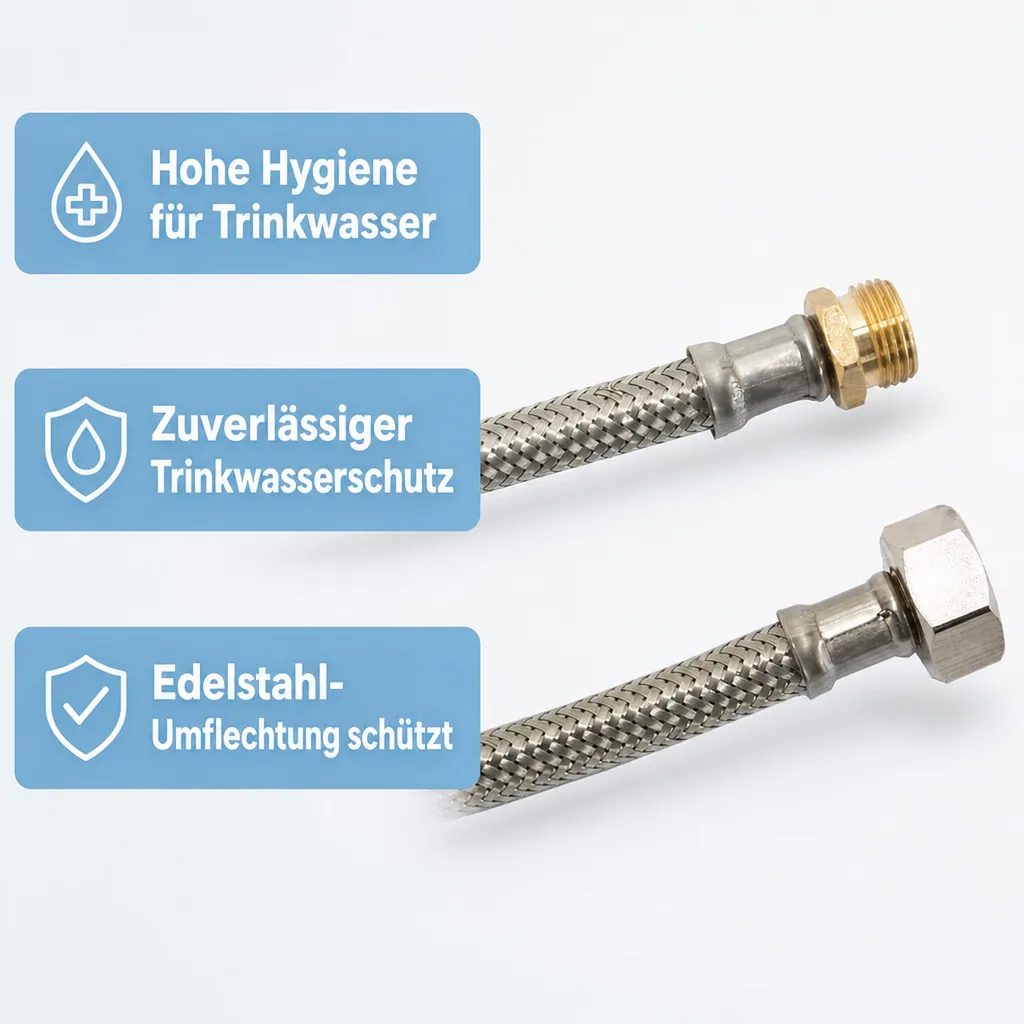 Panzerschlauch, Edelstahl, DN8, 3/8" AG x 1/2" ÜM, 1500mm, flexibel, DVGW