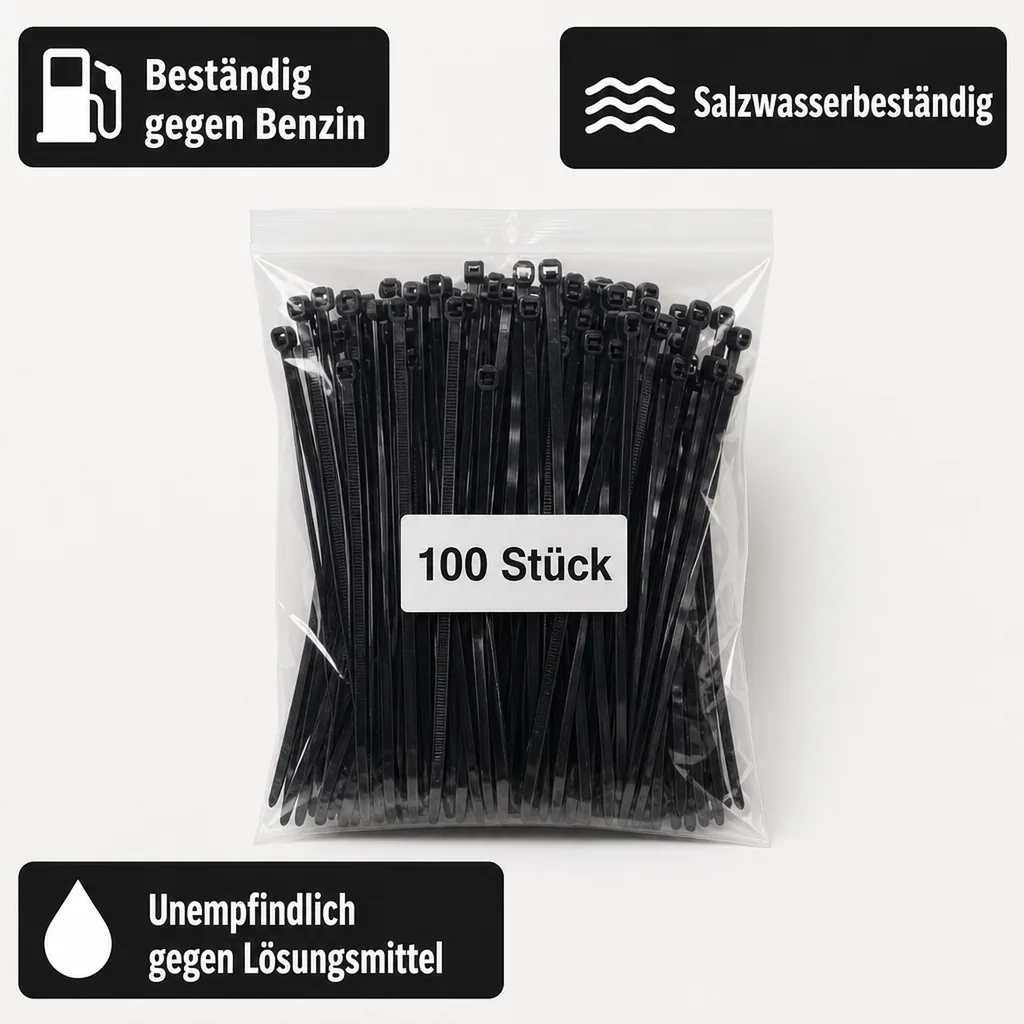 100 Kabelbinder 300x3,6mm schwarz (UV-stabilisiert) PA6.6