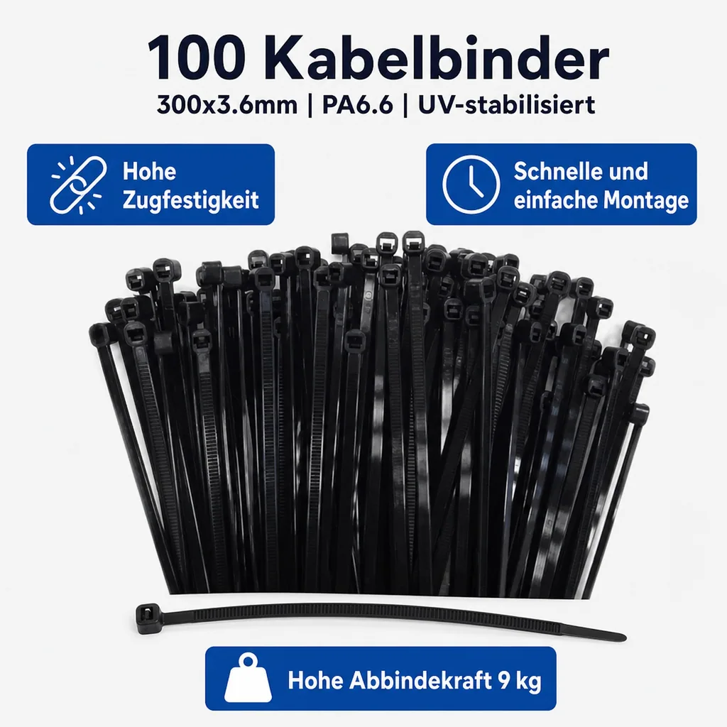 100 Kabelbinder 300x3,6mm schwarz (UV-stabilisiert) PA6.6