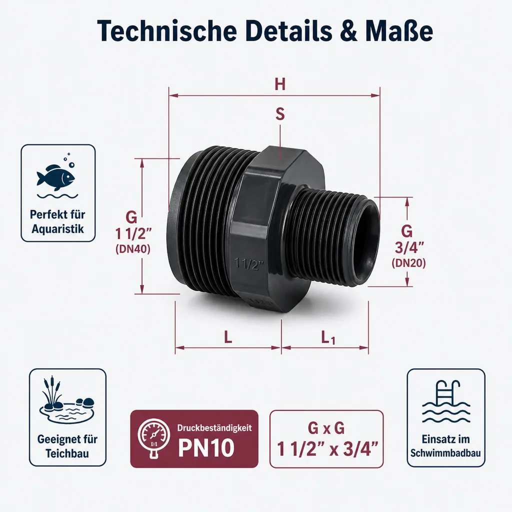 PVC Fittings, Reduziernippel, Doppelnippel, PVC-U AG 1 1/2" x 3/4"