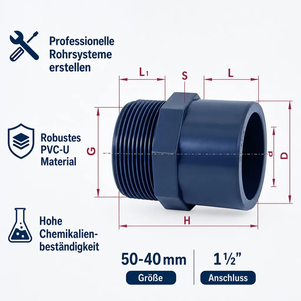 PVC Fittinge, Übergangsmuffe 50-40mm, Klebefitting, PVC Muffe
