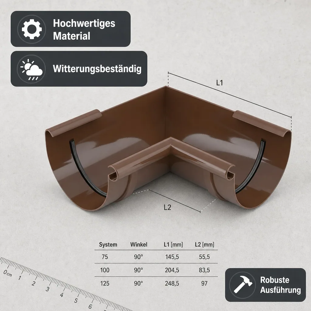 Regenrinne Eckstück, Innen 90°, braun, System 75