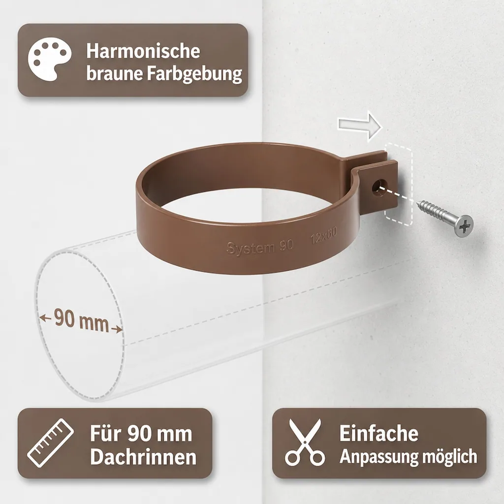Regenrinne braun, PVC Bügel System 90, Dachrinne, Halterung