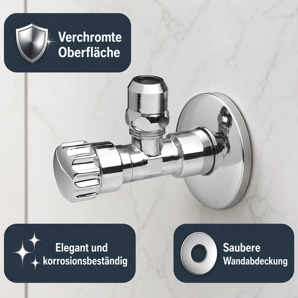 Eckventil 1/2 Zoll, verchromt, mit Quetschverschraubung 10mm