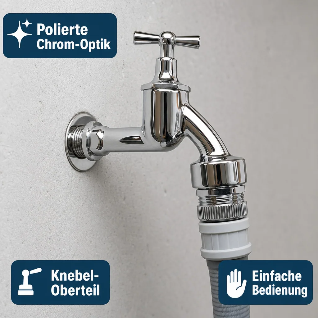 Auslaufventil 3/4 Zoll, Waschmaschinenventil, Knebelventil, verchromt