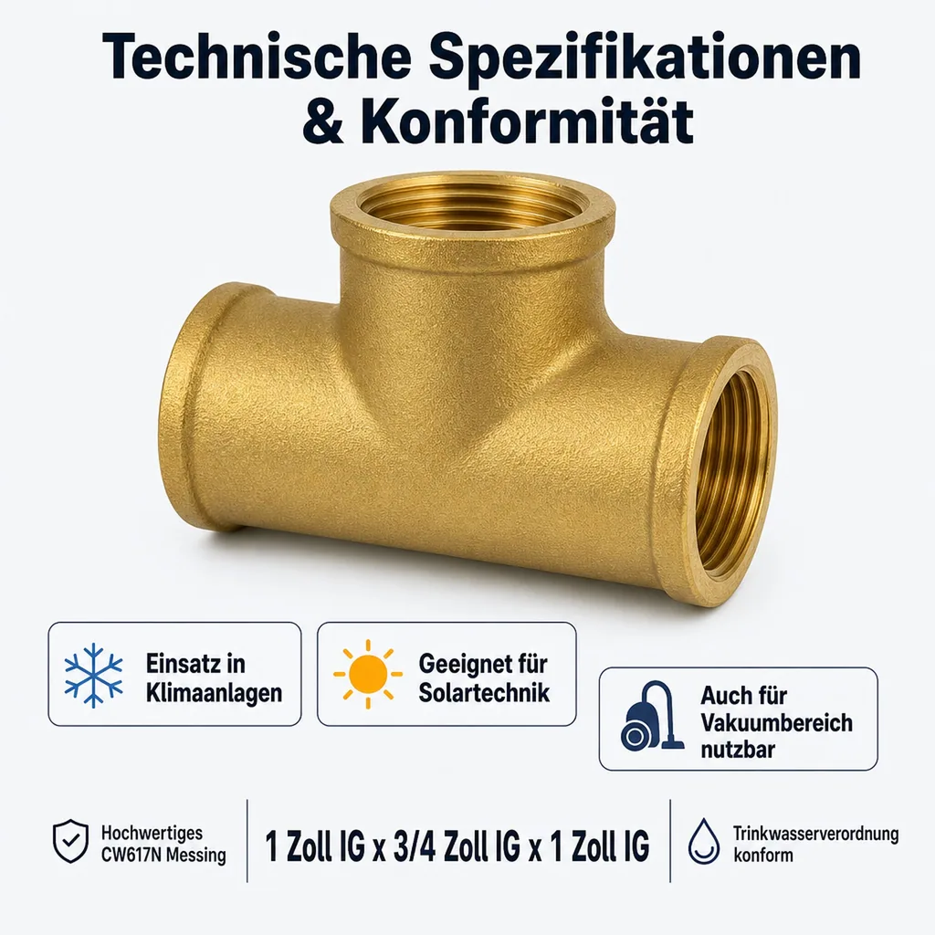 Messing T-Stück reduziert, Gewindefitting Messing, 1 Zoll IG x 3/4 Zoll IG x 1 Zoll IG